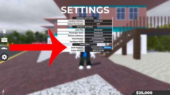 Arrow pointing at the codes menu in the Roblox game Southwest Florida.