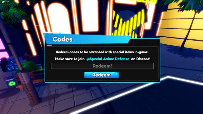 A screenshot of Special Anime Defense in Roblox showing the game's codes page.