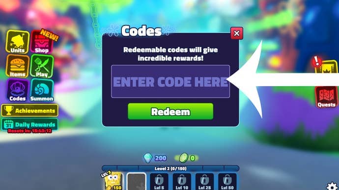 Arrow pointing at the menu used to redeem codes in SpongeBob Tower Defense.