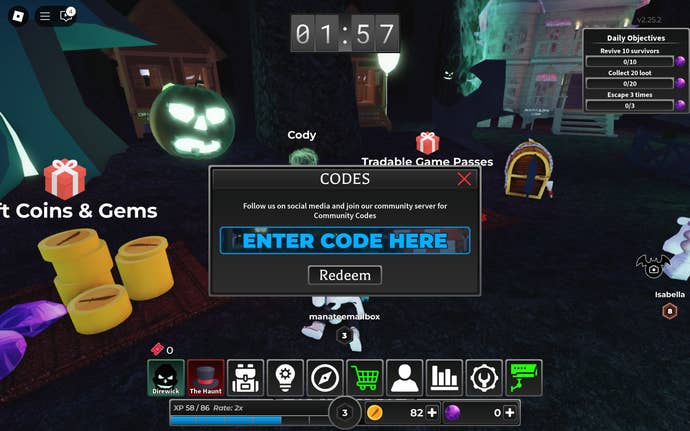 A screenshot of Survive the Killer in Roblox showing the game's codes screen.