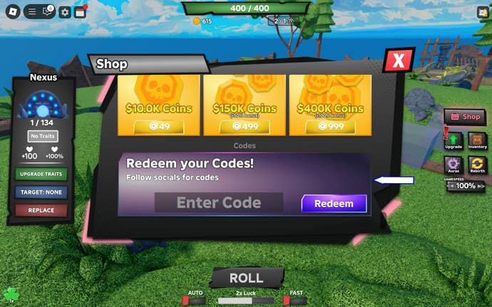 A screenshot of Tower Defense RNG in Roblox showing the game's codes field.