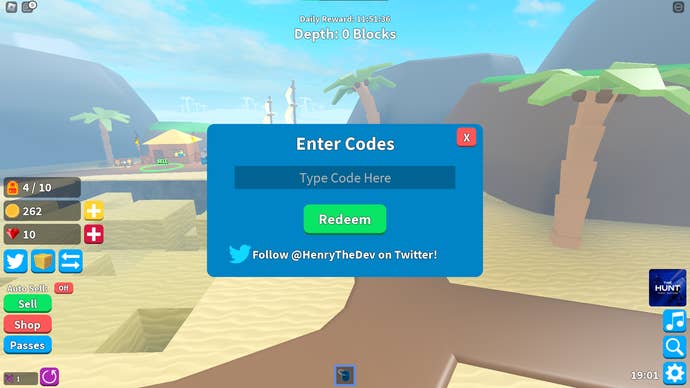 A screenshot from Treasure Hunt Simulator in Roblox showing the game's codes menu.