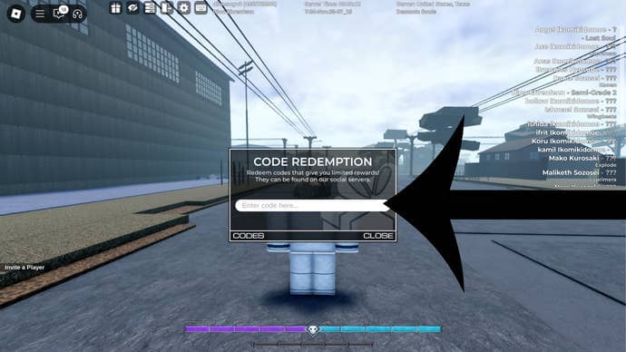 Arrow pointing at the code redemption menu in the Roblox game Type Soul.