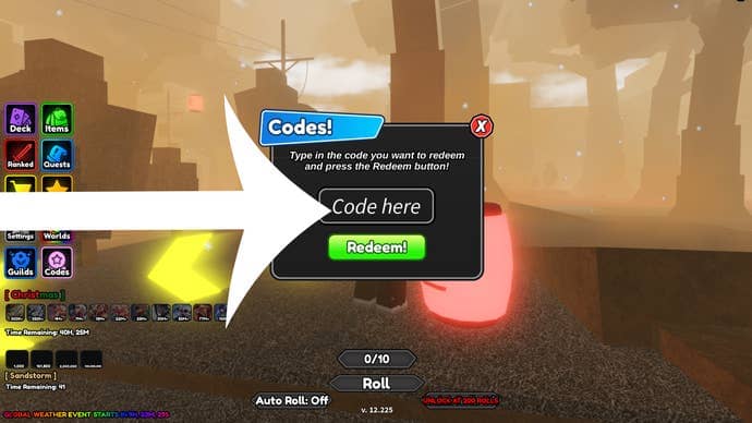 Arrow pointing at the codes menu in the Roblox game Anime Card Battle.