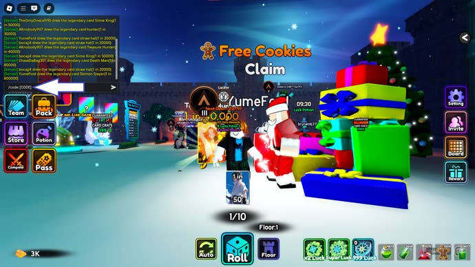 A screenshot of Anime Card Master in Roblox showing the game's chat window with the text "/code [CODE]".