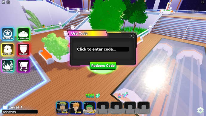 A screenshot from Anime Crossover Defense in Roblox showing the game's codes menu.