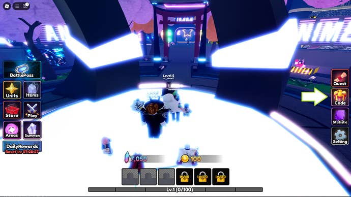 A screenshot of Anime Genesis in Roblox showing the game's Codes button.