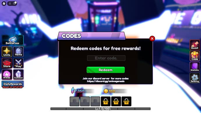 A screenshot of Anime Genesis in Roblox showing the game's Codes page.