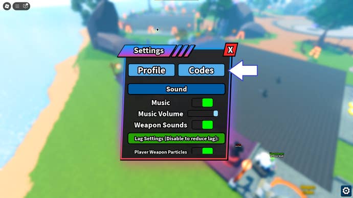 A screenshot of Anime Immortals in Roblox showing the game's codes button.