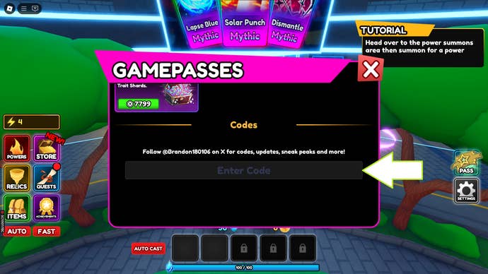 A screenshot of Anime Multiverse in Roblox showing the game's codes field.