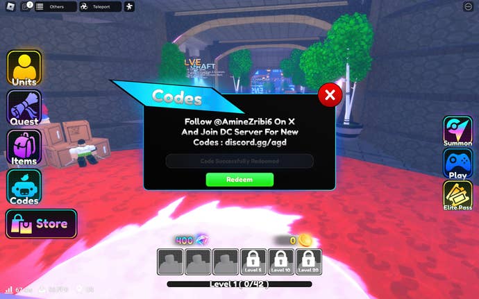 A screenshot from Anime Protectors Defense in Roblox showing the game's codes page.