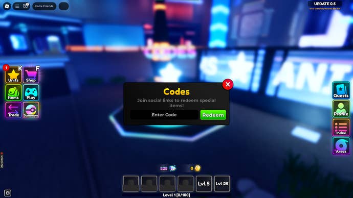 A screenshot of Anime Realms in Roblox showing the game's codes screen.