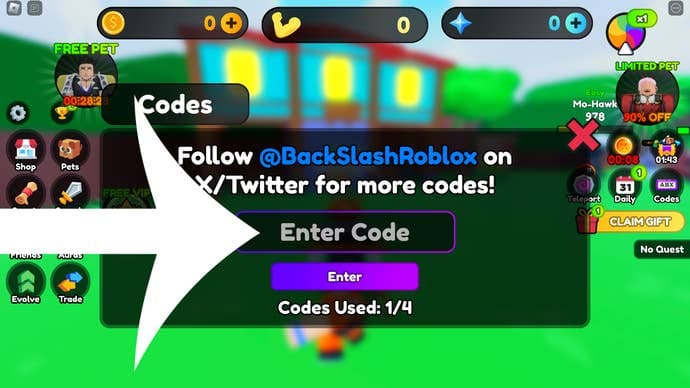 Arrow pointing at the codes menu in the Roblox game Anime Realms Simulator.