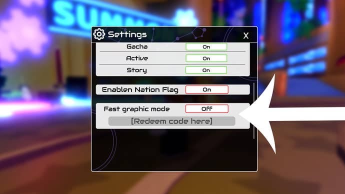 Arrow pointing at the codes menu in the Roblox game Anime World Tower Defense.