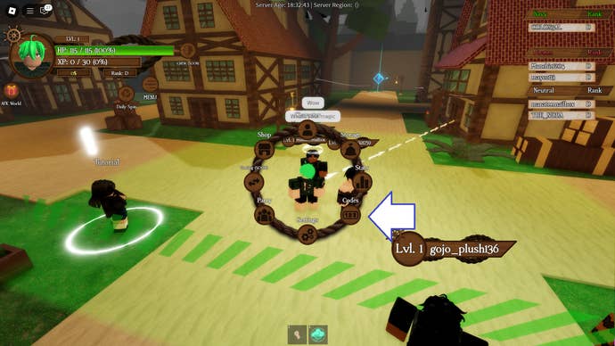 A screenshot of Arcane Seas in Roblox showing the game's codes button.