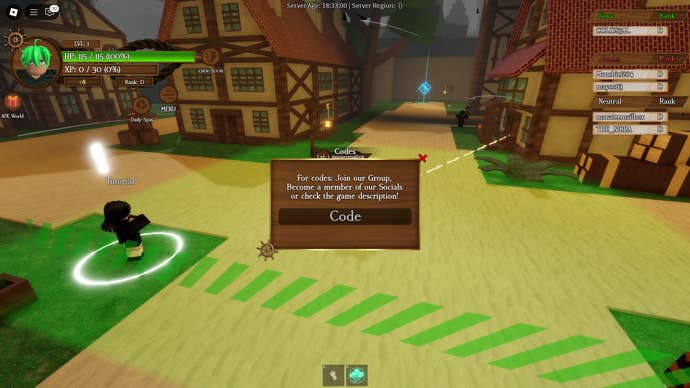 A screenshot of Arcane Seas in Roblox showing the game's codes screen.