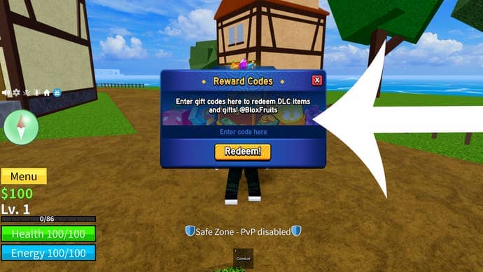 Arrow pointing at the codes menu in Blox Fruits.