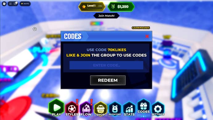 A screenshot of Blue Lock Rivals in Roblox showing the game's codes screen.