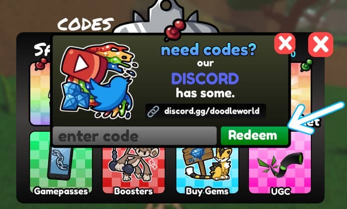 Arrow pointing at the location of the settings Redeem button in the middle of screen in the Roblox game Doodle World.