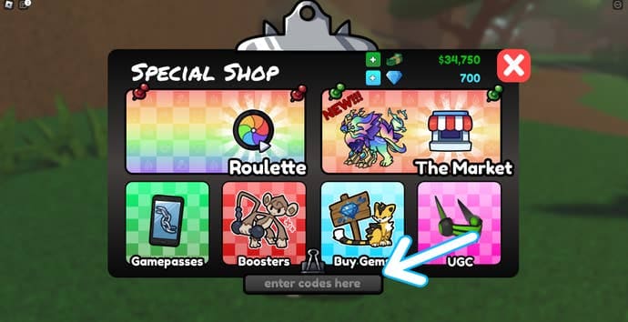 Arrow pointing at the location of the codes button in the middle of screen in the Roblox game Doodle World.