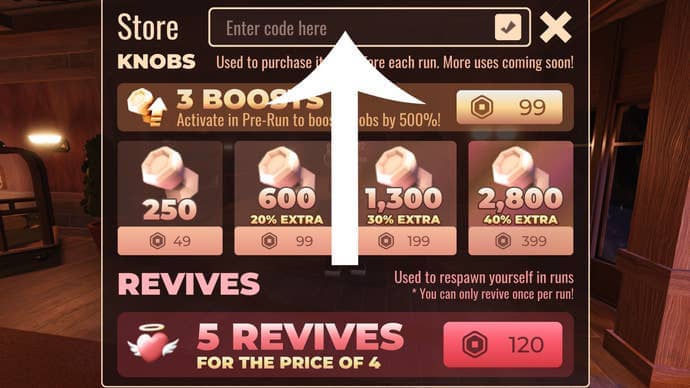 Arrow pointing at the menu used to redeem codes in the Roblox game DOORS.