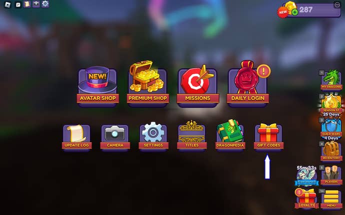 A screenshot from Dragon Adventures in Roblox showing the game's Gift Codes button.