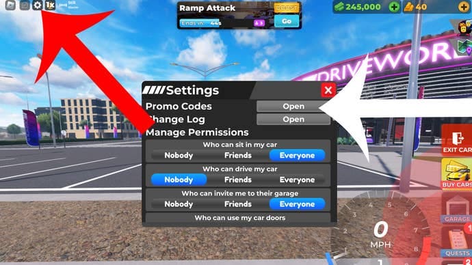 Arrows pointing at the settings and codes menu buttons in the Roblox game Drive World.