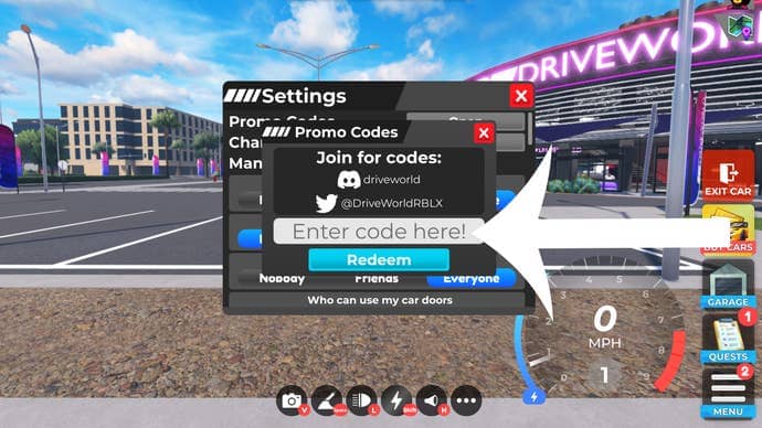 Arrow pointing at the codes menu in the Roblox game Drive World.