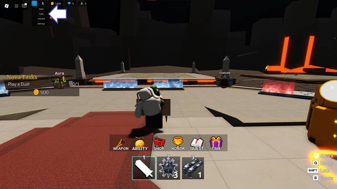 A screenshot of Duel Warriors in Roblox showing the game's codes button.