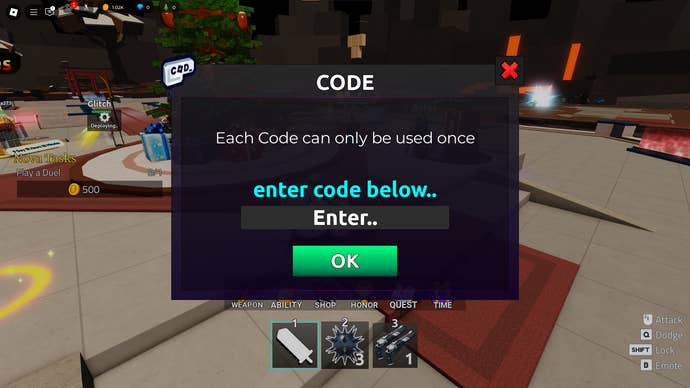 A screenshot of Duel Warriors in Roblox showing the game's codes field.