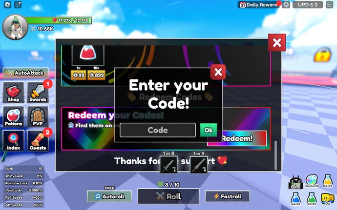 A screenshot from Dungeon RNG in Roblox showing the game's codes field.