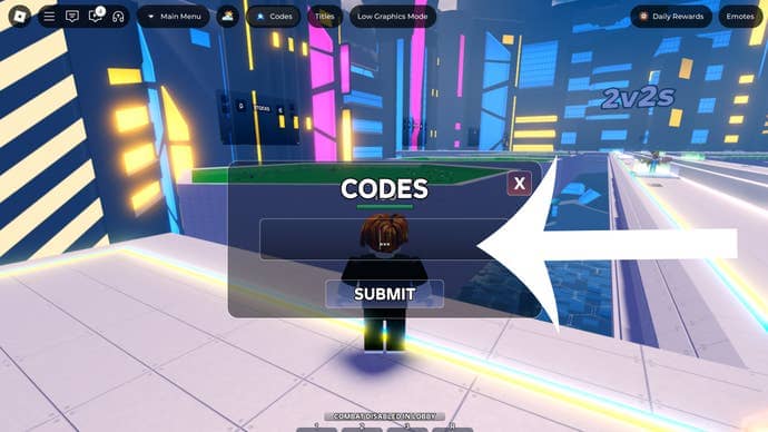 Arrow pointing at the codes menu in the Roblox game Elemental Duels.