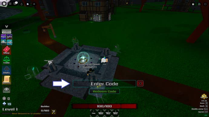 A screenshot of Elemental Grounds in Roblox showing the game's codes field.