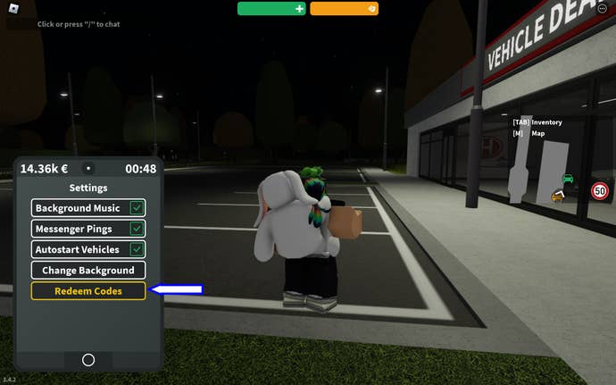 A screenshot from Emergency Hamburg in Roblox showing the game's codes option.