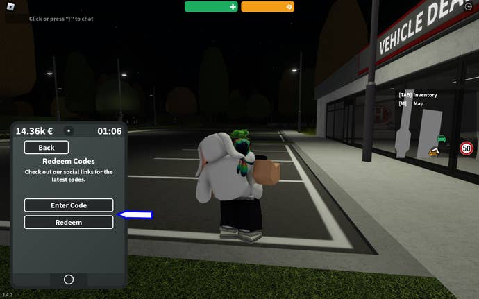 A screenshot from Emergency Hamburg in Roblox showing the game's codes page.