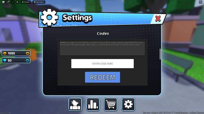 A screenshot from Eternal Battlegrounds in Roblox showing the game's codes field.