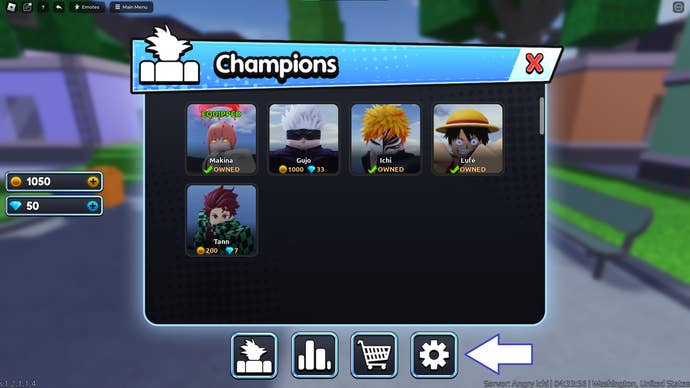 A screenshot from Eternal Battlegrounds in Roblox showing the game's settings button.