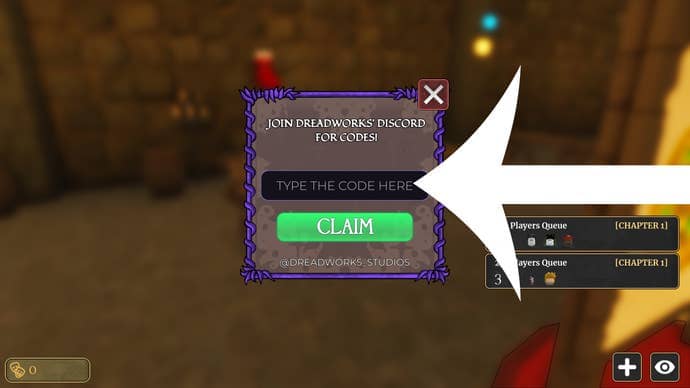 Arrow pointing at the codes menu in the Roblox game Exiled.