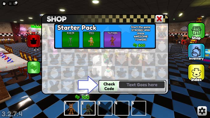 A screenshot of Fazbear World Tower Defense in Roblox showing the game's codes field.