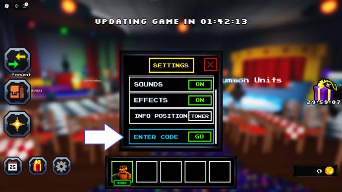 A screenshot from Five Nights TD in Roblox showing the game's codes field.