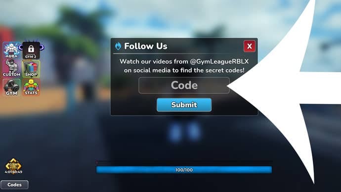 Arrow pointing at the codes menu in the Roblox game Gym League.
