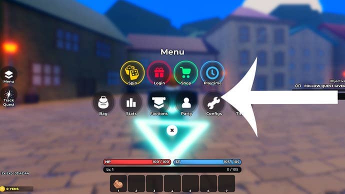 Arrow pointing at the Configs button in the Roblox game Hunter Era.