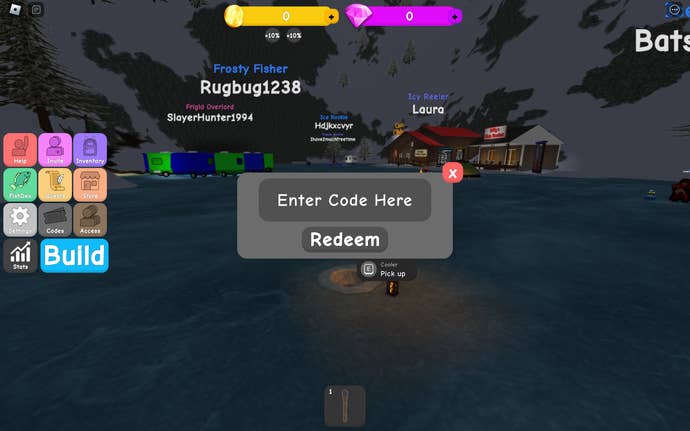 A screenshot of Ice Fishing Simulator in Roblox showing the game's codes screen.