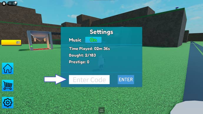 A screenshot of Ice Tycoon in Roblox showing the game's codes field.