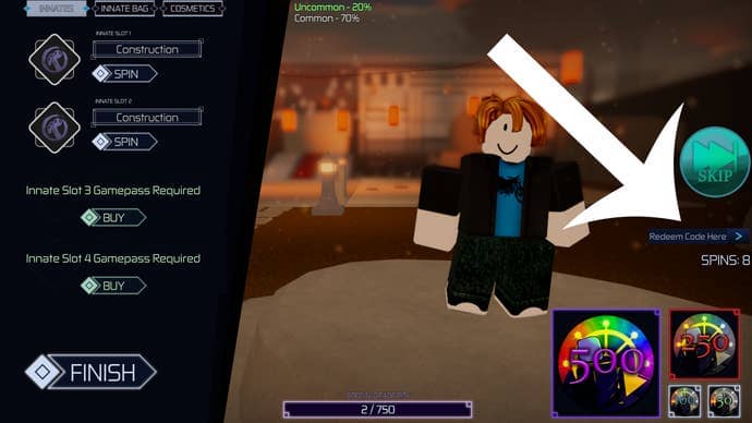 Arrow pointing at the menu used to redeem codes in the Roblox game Jujutsu Infinite.