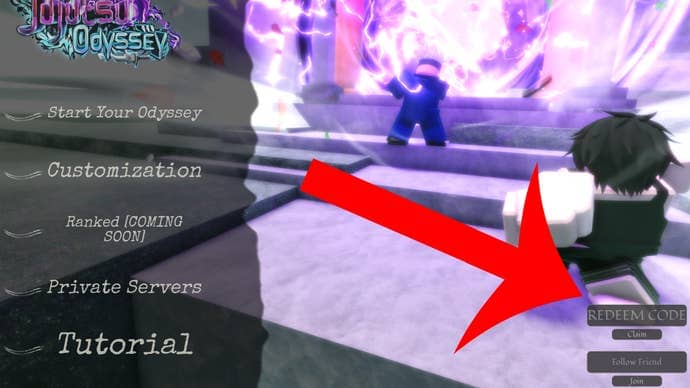 Arrow pointing at the menu used to redeem codes in the Roblox game Jujutsu Odyssey.