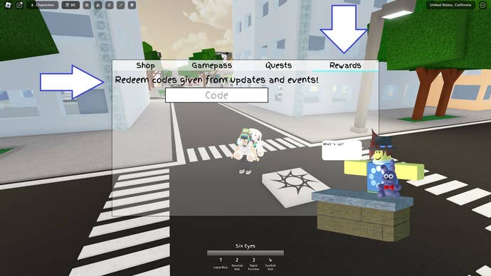 A screenshot from Jujutsu Shenanigans in Roblox showing the game's codes menu.