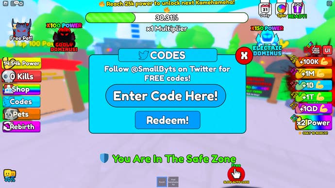 A screenshot of Kamehameha Simulator in Roblox showing the game's codes menu.