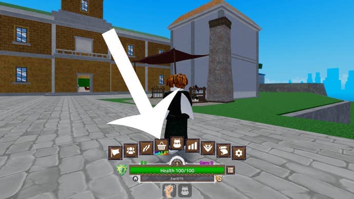 Arrow pointing at the shop button in the Roblox game King Legacy.