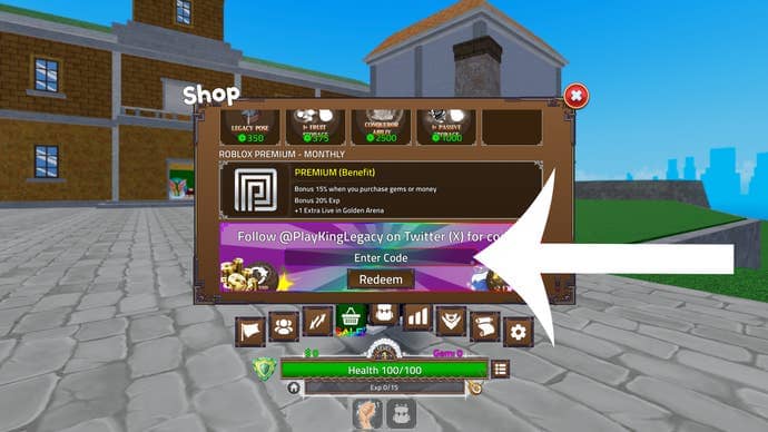 Arrow pointing at the codes menu in the Roblox game King Legacy.